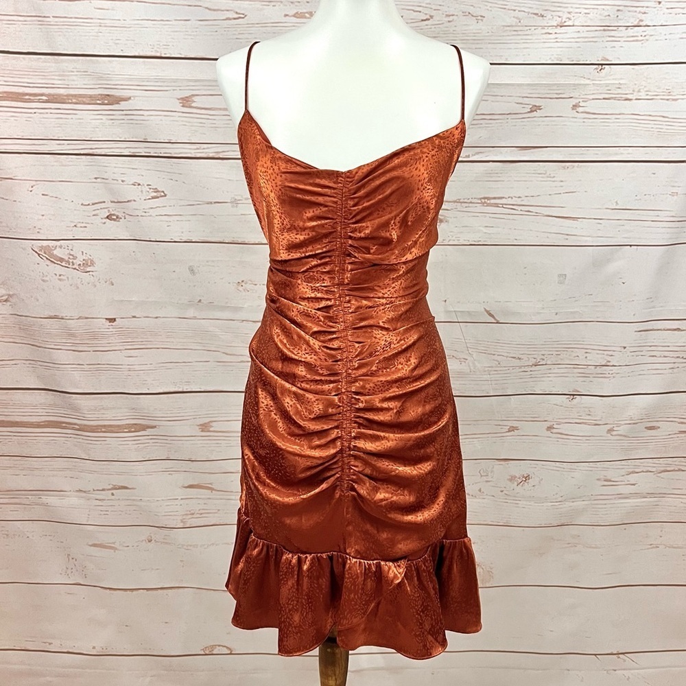 Astr Cinched Open Back Satin Copper Rust Floral R… - image 3